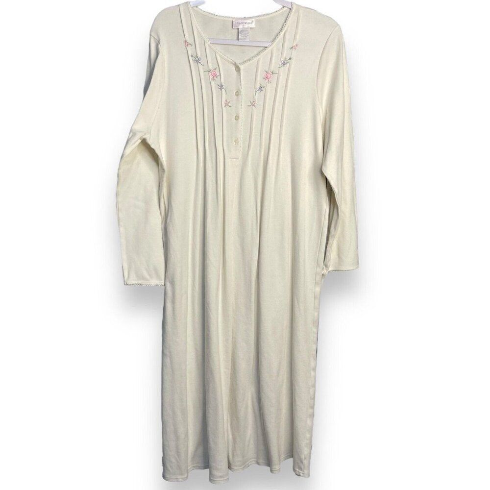 Shadowline Nightgown House Dress Women's Large Ivory Cream Floral Embroidered